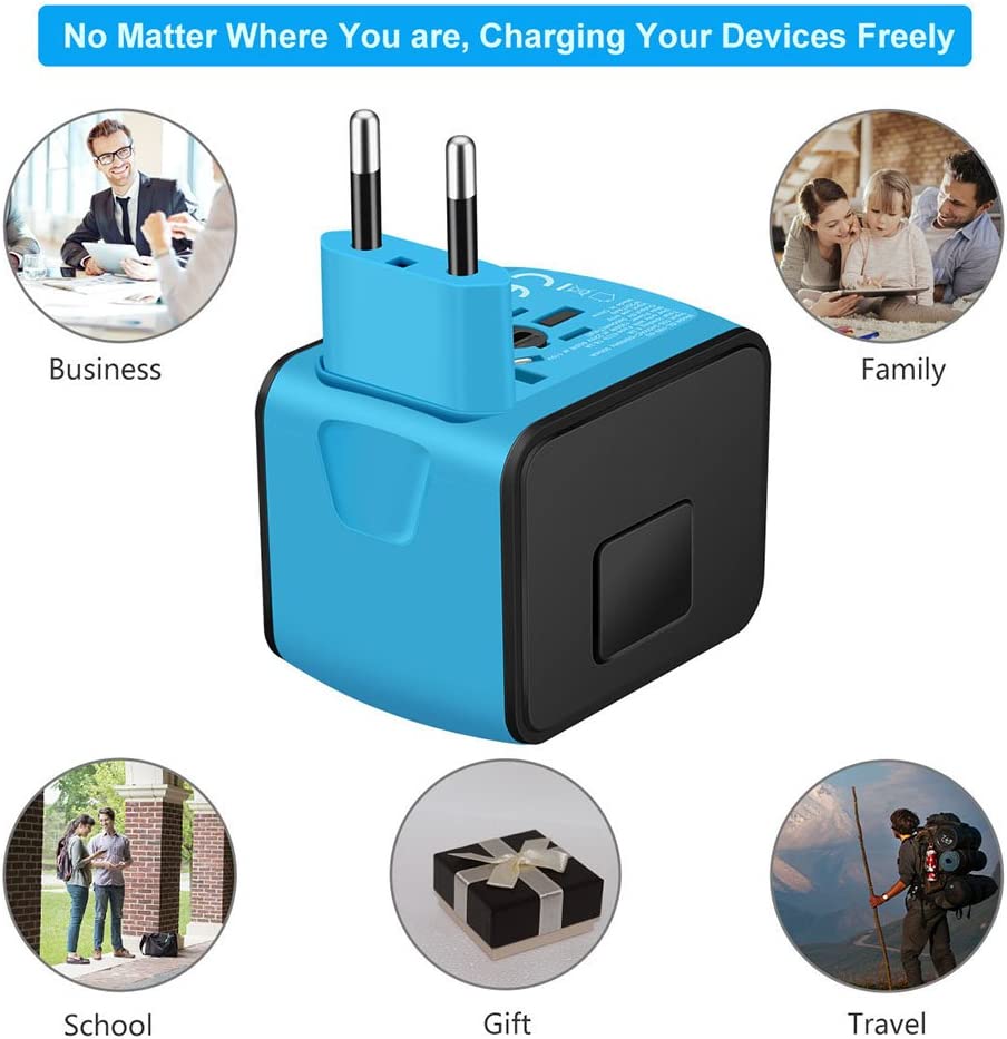 SAUNORCH Universal International Travel Power Adapter W/Smart High Speed 2.4A 4xUSB Wall Charger, European Adapter, Worldwide AC Outlet Plugs Adapters for Europe, UK, US, AU, Asia-Blue - Image 3